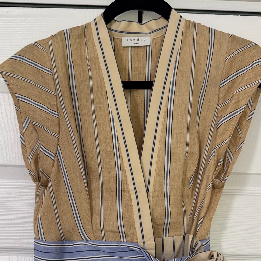 Sandro Tan and Blue Striped Midi Dress